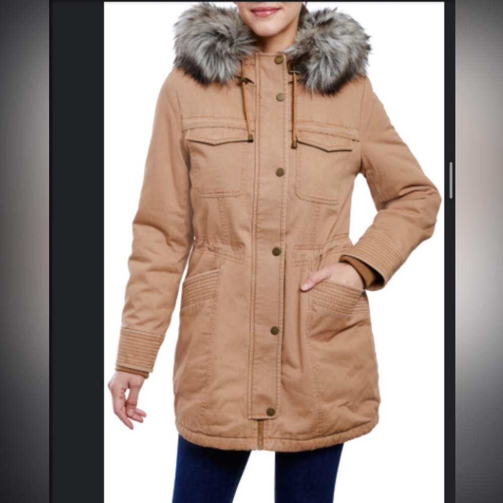 NWT Lucky Brand Women's Tan Twill Hooded Parka with Faux Fur Trim Khaki Size Med